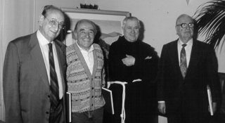 Gino Covili con Guglielmo Zucconi, Padre Berardo Rossi e Mario De Micheli per la presentazione del volume "Francesco" - Milano, 1994