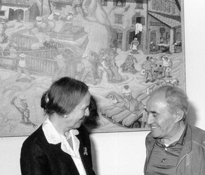 Gino Covili con il Presidente della Camera dei deputati, On. Nilde Jotti in occasione della presentazione dell'opera "La trebbiatura" al Molino di Ganaceto - Modena, 1984