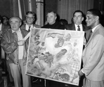 Omaggio a Nelson Mandela. Gino Covili con Giancarlo Giannini, Padre Gualtiero Bellucci, Umberto Pagliacci, Frank Casale, in occasione della mostra alla Rocca Paolina - Perugia, 1990