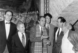 Gino Covili con Erio Amidei, Vladimiro Covili, Vittorio Storaro, Norman stevens e Umberto Pagliacci in occasione della mostra alla Rocca Paolina - Perugia, 1990